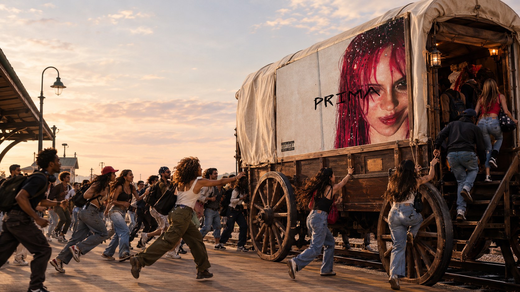 A crowd of people running to jump aboard an old-fashioned wagon decorated with a poster of a pink-haired singer